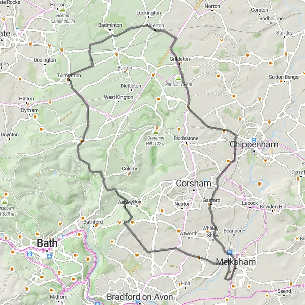 Map miniature of "The Wraxall Loop" cycling inspiration in Gloucestershire, Wiltshire and Bristol/Bath area, United Kingdom. Generated by Tarmacs.app cycling route planner