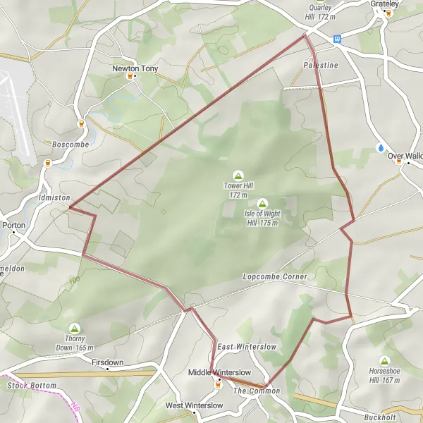 Map miniature of "The Middle Winterslow Gravel Adventure" cycling inspiration in Gloucestershire, Wiltshire and Bristol/Bath area, United Kingdom. Generated by Tarmacs.app cycling route planner