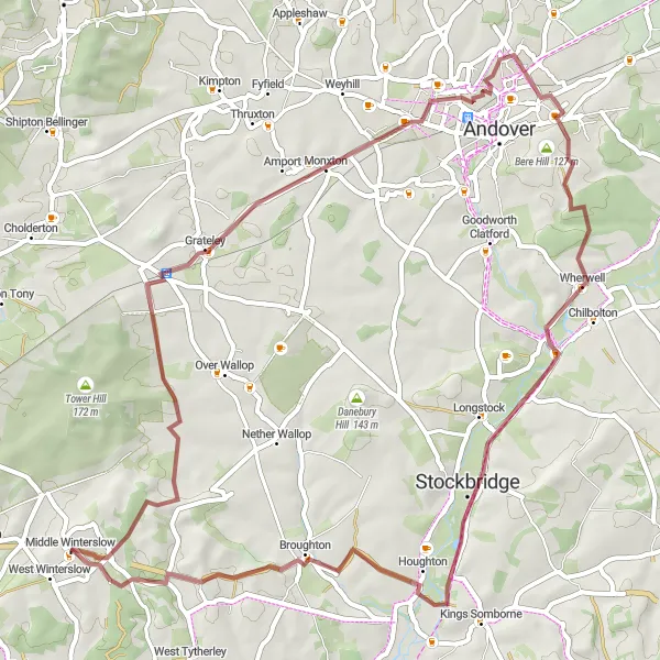 Map miniature of "The Hampshire Hills Gravel Challenge" cycling inspiration in Gloucestershire, Wiltshire and Bristol/Bath area, United Kingdom. Generated by Tarmacs.app cycling route planner