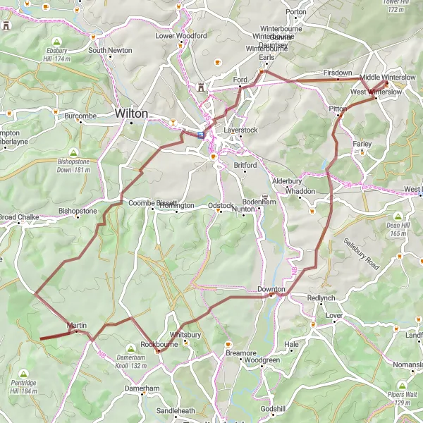 Map miniature of "Serene Gravel Trails: Standlynch to Castle Hill" cycling inspiration in Gloucestershire, Wiltshire and Bristol/Bath area, United Kingdom. Generated by Tarmacs.app cycling route planner