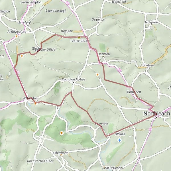 Map miniature of "Yanworth to Hampnett Gravel Loop" cycling inspiration in Gloucestershire, Wiltshire and Bristol/Bath area, United Kingdom. Generated by Tarmacs.app cycling route planner