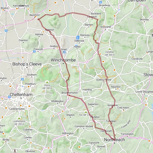 Map miniature of "Winchcombe and Wormington Gravel Loop" cycling inspiration in Gloucestershire, Wiltshire and Bristol/Bath area, United Kingdom. Generated by Tarmacs.app cycling route planner