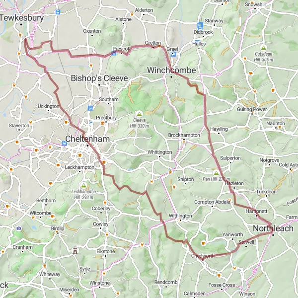 Map miniature of "The Chedworth Circuit" cycling inspiration in Gloucestershire, Wiltshire and Bristol/Bath area, United Kingdom. Generated by Tarmacs.app cycling route planner