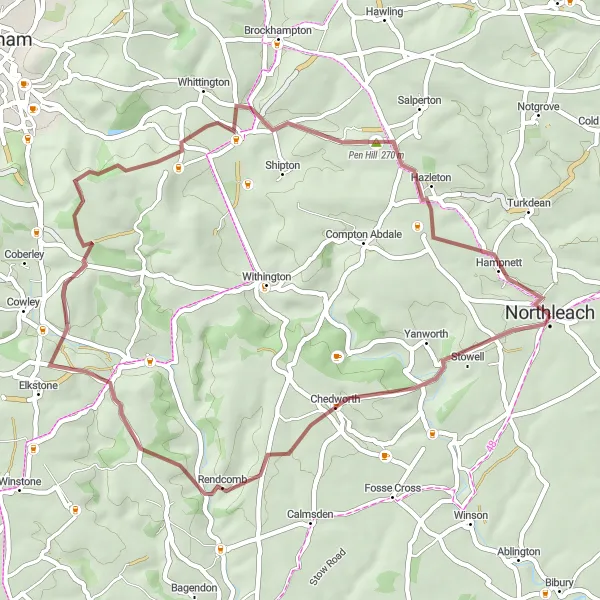 Map miniature of "Chedworth to Hampnett Loop" cycling inspiration in Gloucestershire, Wiltshire and Bristol/Bath area, United Kingdom. Generated by Tarmacs.app cycling route planner