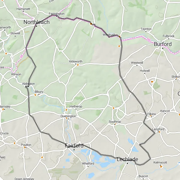 Map miniature of "The Lechlade Loop" cycling inspiration in Gloucestershire, Wiltshire and Bristol/Bath area, United Kingdom. Generated by Tarmacs.app cycling route planner