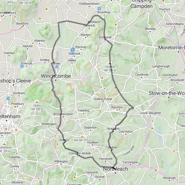 Map miniature of "Compton Abdale to Snowshill Road Ride" cycling inspiration in Gloucestershire, Wiltshire and Bristol/Bath area, United Kingdom. Generated by Tarmacs.app cycling route planner
