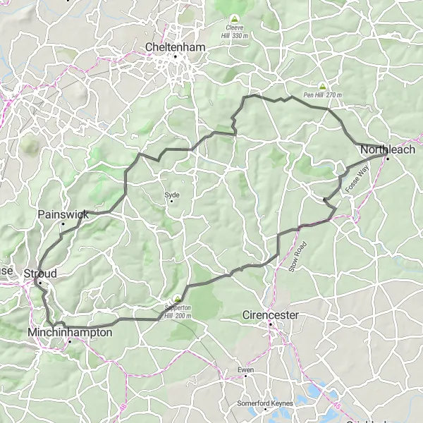 Map miniature of "The Cotswold Explorer" cycling inspiration in Gloucestershire, Wiltshire and Bristol/Bath area, United Kingdom. Generated by Tarmacs.app cycling route planner
