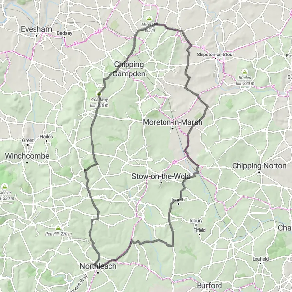 Map miniature of "The Cotswold Hills Challenge" cycling inspiration in Gloucestershire, Wiltshire and Bristol/Bath area, United Kingdom. Generated by Tarmacs.app cycling route planner