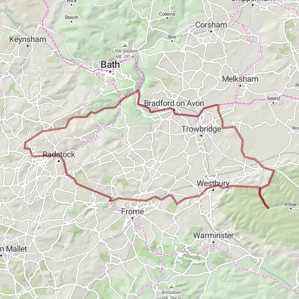 Map miniature of "Wiltshire Gravel Adventure" cycling inspiration in Gloucestershire, Wiltshire and Bristol/Bath area, United Kingdom. Generated by Tarmacs.app cycling route planner