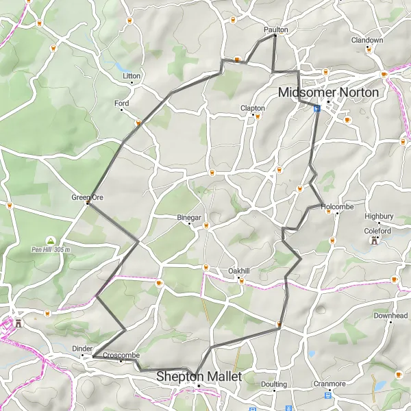 Map miniature of "Midsomer Norton Loop" cycling inspiration in Gloucestershire, Wiltshire and Bristol/Bath area, United Kingdom. Generated by Tarmacs.app cycling route planner