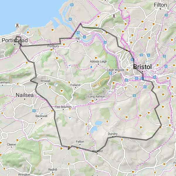 Map miniature of "Avonmouth, Bristol, Maes Knoll Tump, Winford, Hartcliff Rocks, Portishead Road Loop" cycling inspiration in Gloucestershire, Wiltshire and Bristol/Bath area, United Kingdom. Generated by Tarmacs.app cycling route planner