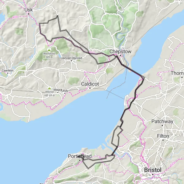 Map miniature of "Avonmouth to Portishead Scenic Loop" cycling inspiration in Gloucestershire, Wiltshire and Bristol/Bath area, United Kingdom. Generated by Tarmacs.app cycling route planner