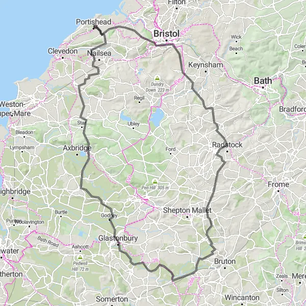 Map miniature of "Brandon Hill to Portishead Coastal Expedition" cycling inspiration in Gloucestershire, Wiltshire and Bristol/Bath area, United Kingdom. Generated by Tarmacs.app cycling route planner