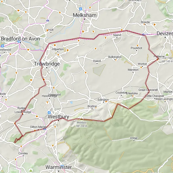 Map miniature of "Gravel Adventure in the Wiltshire Countryside" cycling inspiration in Gloucestershire, Wiltshire and Bristol/Bath area, United Kingdom. Generated by Tarmacs.app cycling route planner