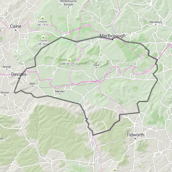Map miniature of "Devizes to Potterne Ride" cycling inspiration in Gloucestershire, Wiltshire and Bristol/Bath area, United Kingdom. Generated by Tarmacs.app cycling route planner