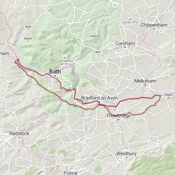 Map miniature of "The Gravel Path" cycling inspiration in Gloucestershire, Wiltshire and Bristol/Bath area, United Kingdom. Generated by Tarmacs.app cycling route planner