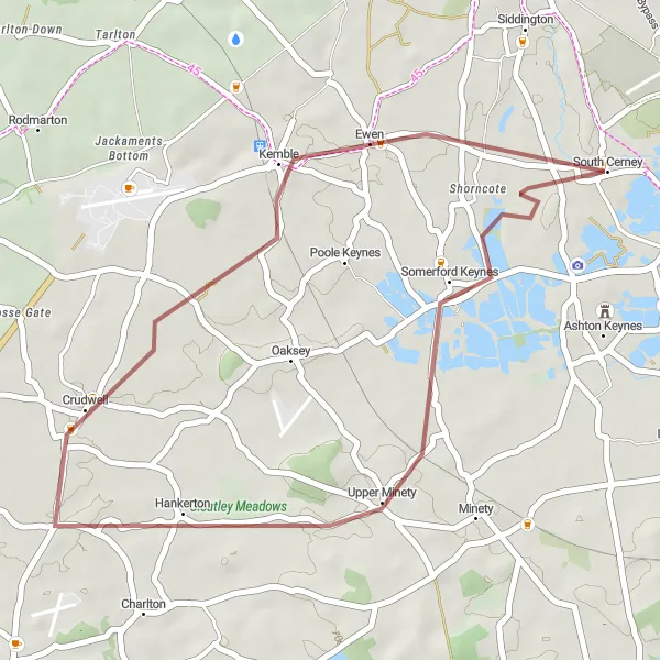 Map miniature of "Somerford Keynes Gravel Loop" cycling inspiration in Gloucestershire, Wiltshire and Bristol/Bath area, United Kingdom. Generated by Tarmacs.app cycling route planner