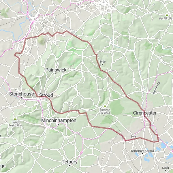 Map miniature of "Gloucestershire Gravel Adventure" cycling inspiration in Gloucestershire, Wiltshire and Bristol/Bath area, United Kingdom. Generated by Tarmacs.app cycling route planner