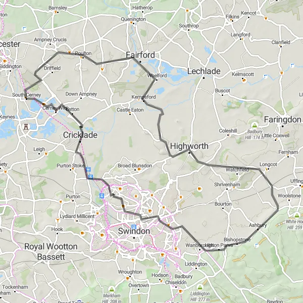Map miniature of "South Cerney Loop" cycling inspiration in Gloucestershire, Wiltshire and Bristol/Bath area, United Kingdom. Generated by Tarmacs.app cycling route planner