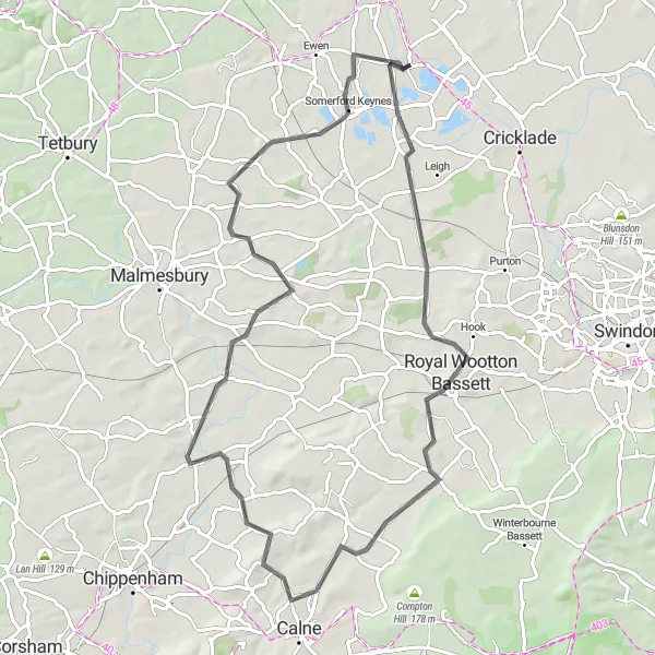 Map miniature of "The Wootton Bassett Circuit" cycling inspiration in Gloucestershire, Wiltshire and Bristol/Bath area, United Kingdom. Generated by Tarmacs.app cycling route planner