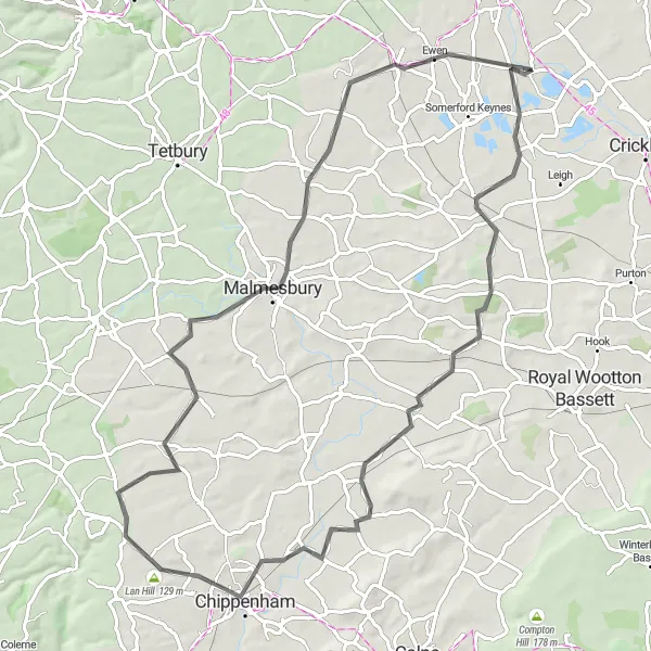 Map miniature of "The Minety Loop" cycling inspiration in Gloucestershire, Wiltshire and Bristol/Bath area, United Kingdom. Generated by Tarmacs.app cycling route planner