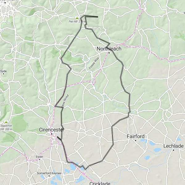 Map miniature of "Chedworth Circuit" cycling inspiration in Gloucestershire, Wiltshire and Bristol/Bath area, United Kingdom. Generated by Tarmacs.app cycling route planner