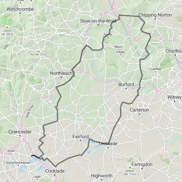 Map miniature of "The Cotswold Adventure" cycling inspiration in Gloucestershire, Wiltshire and Bristol/Bath area, United Kingdom. Generated by Tarmacs.app cycling route planner