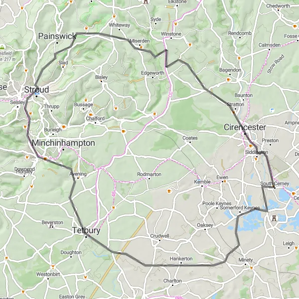 Map miniature of "Cirencester Loop" cycling inspiration in Gloucestershire, Wiltshire and Bristol/Bath area, United Kingdom. Generated by Tarmacs.app cycling route planner