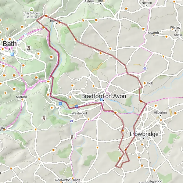 Map miniature of "Bath Countryside Gravel Loop" cycling inspiration in Gloucestershire, Wiltshire and Bristol/Bath area, United Kingdom. Generated by Tarmacs.app cycling route planner