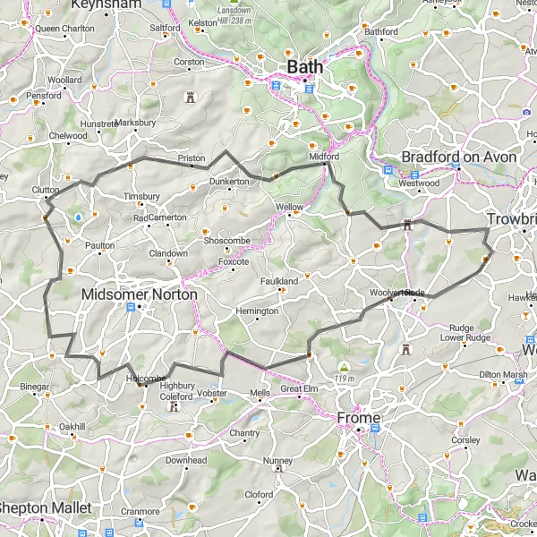 Map miniature of "Discover the Hidden Gems of Somerset" cycling inspiration in Gloucestershire, Wiltshire and Bristol/Bath area, United Kingdom. Generated by Tarmacs.app cycling route planner