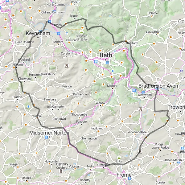 Map miniature of "Glorious Hills of Bath and Avon" cycling inspiration in Gloucestershire, Wiltshire and Bristol/Bath area, United Kingdom. Generated by Tarmacs.app cycling route planner