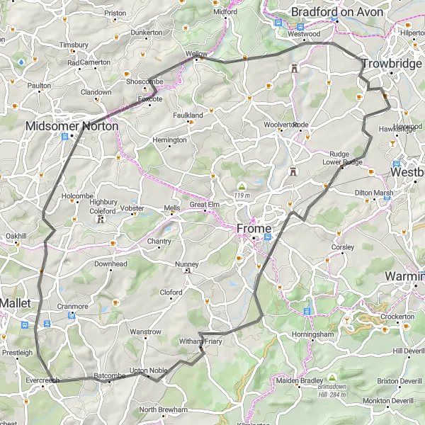 Map miniature of "Scenic Ride through the Somerset Countryside" cycling inspiration in Gloucestershire, Wiltshire and Bristol/Bath area, United Kingdom. Generated by Tarmacs.app cycling route planner