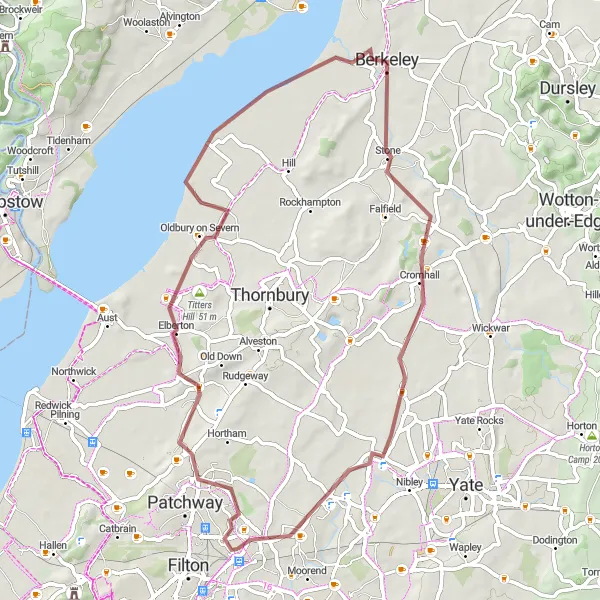 Map miniature of "Charming Gravel Ride from Stoke Gifford to Rangeworthy" cycling inspiration in Gloucestershire, Wiltshire and Bristol/Bath area, United Kingdom. Generated by Tarmacs.app cycling route planner