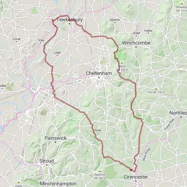 Map miniature of "Gravel Adventure - Cotswold Hills" cycling inspiration in Gloucestershire, Wiltshire and Bristol/Bath area, United Kingdom. Generated by Tarmacs.app cycling route planner