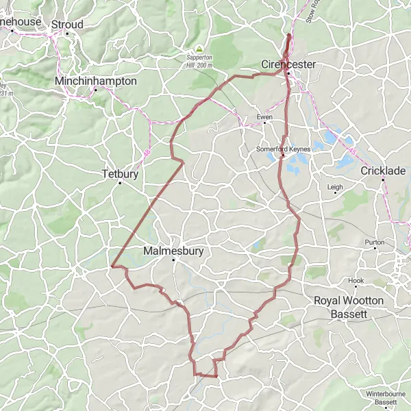 Map miniature of "Gravel Adventure - Stratton to Rodbourne" cycling inspiration in Gloucestershire, Wiltshire and Bristol/Bath area, United Kingdom. Generated by Tarmacs.app cycling route planner