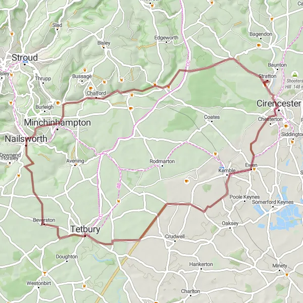 Map miniature of "Scenic Ride to Stratton" cycling inspiration in Gloucestershire, Wiltshire and Bristol/Bath area, United Kingdom. Generated by Tarmacs.app cycling route planner