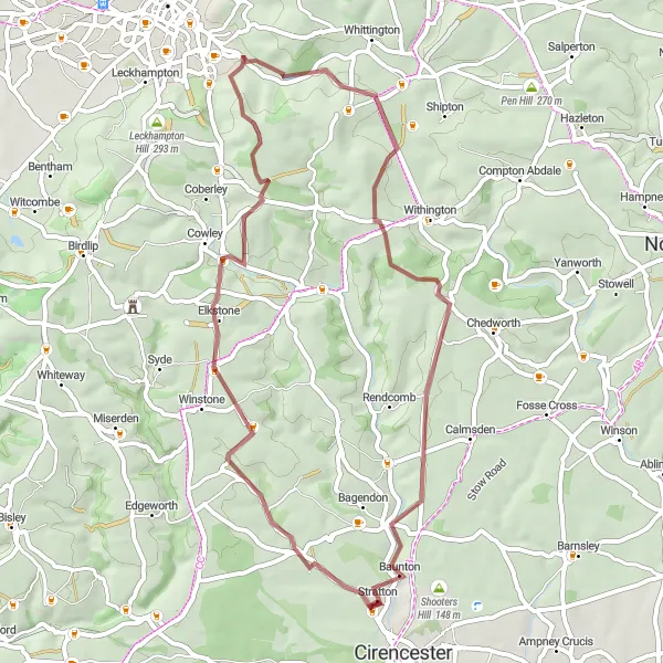 Map miniature of "The Duntisbourne Gravel Loop" cycling inspiration in Gloucestershire, Wiltshire and Bristol/Bath area, United Kingdom. Generated by Tarmacs.app cycling route planner