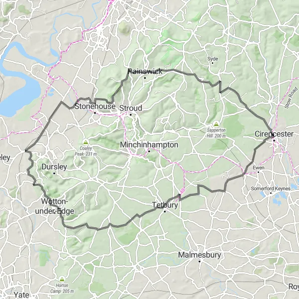 Map miniature of "Culkerton and Hilly Roads" cycling inspiration in Gloucestershire, Wiltshire and Bristol/Bath area, United Kingdom. Generated by Tarmacs.app cycling route planner