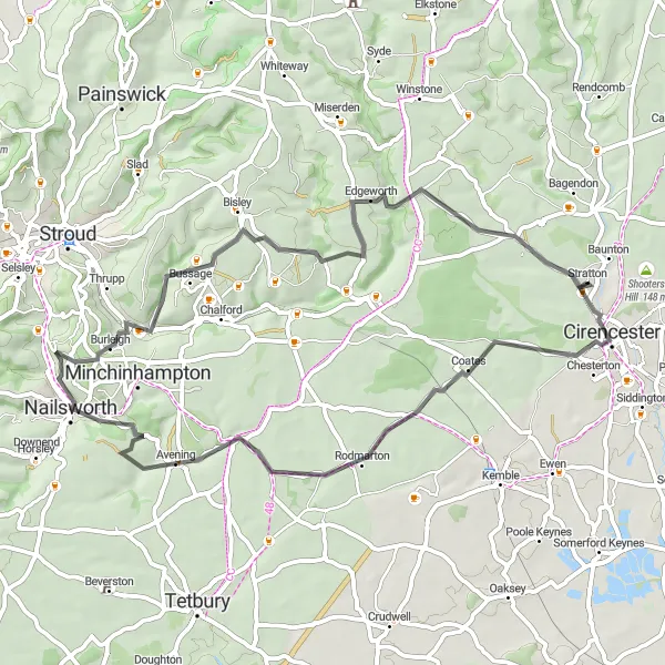 Map miniature of "Cirencester Loop" cycling inspiration in Gloucestershire, Wiltshire and Bristol/Bath area, United Kingdom. Generated by Tarmacs.app cycling route planner
