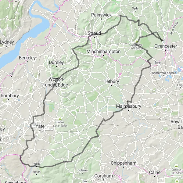 Map miniature of "Ultimate Road Challenge - Wotton-under-Edge Loop" cycling inspiration in Gloucestershire, Wiltshire and Bristol/Bath area, United Kingdom. Generated by Tarmacs.app cycling route planner