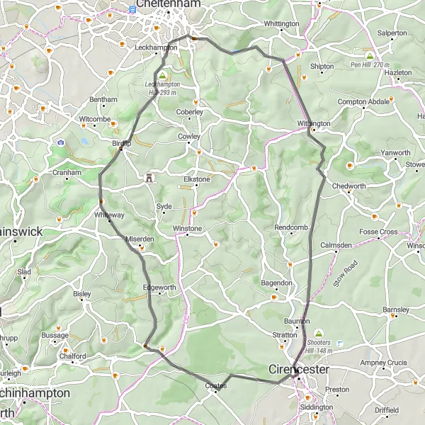 Map miniature of "Cotswolds Road Tour" cycling inspiration in Gloucestershire, Wiltshire and Bristol/Bath area, United Kingdom. Generated by Tarmacs.app cycling route planner