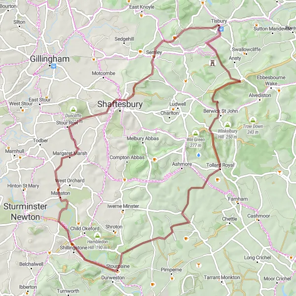 Map miniature of "A Gravel Adventure to Berwick Down and Semley Hill" cycling inspiration in Gloucestershire, Wiltshire and Bristol/Bath area, United Kingdom. Generated by Tarmacs.app cycling route planner