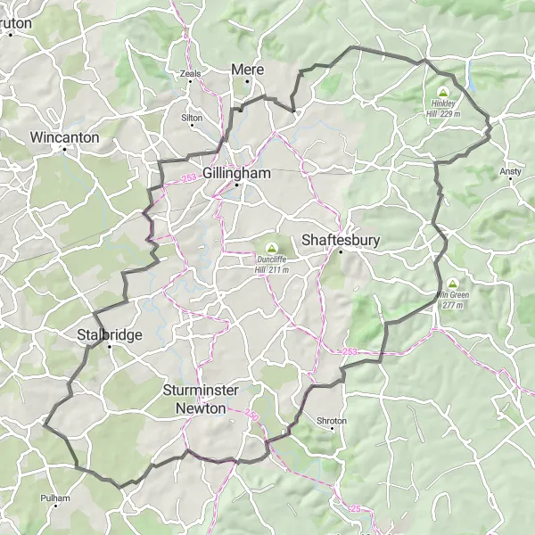 Map miniature of "Through Donhead St Andrew and Win Green" cycling inspiration in Gloucestershire, Wiltshire and Bristol/Bath area, United Kingdom. Generated by Tarmacs.app cycling route planner