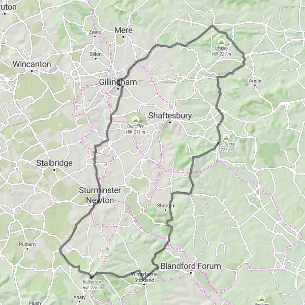 Map miniature of "Thrilling Journey to Gillingham and Bulbarrow Hill" cycling inspiration in Gloucestershire, Wiltshire and Bristol/Bath area, United Kingdom. Generated by Tarmacs.app cycling route planner