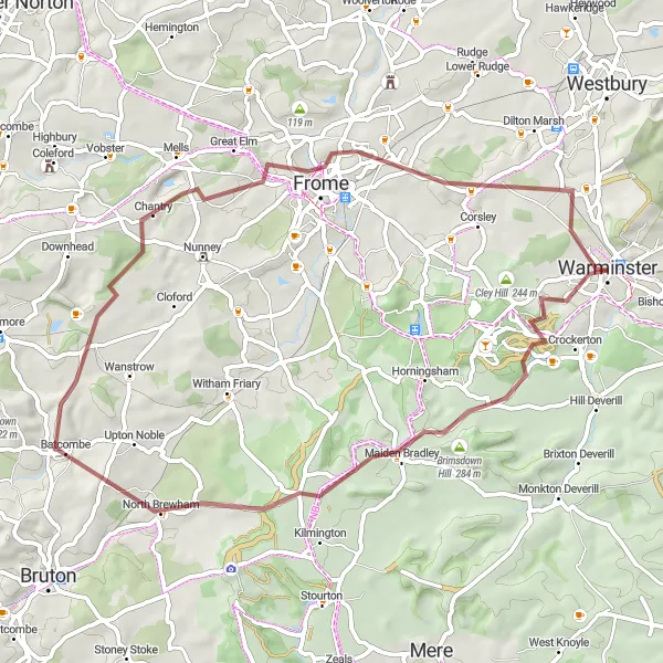 Map miniature of "Warminster Gravel Challenge" cycling inspiration in Gloucestershire, Wiltshire and Bristol/Bath area, United Kingdom. Generated by Tarmacs.app cycling route planner