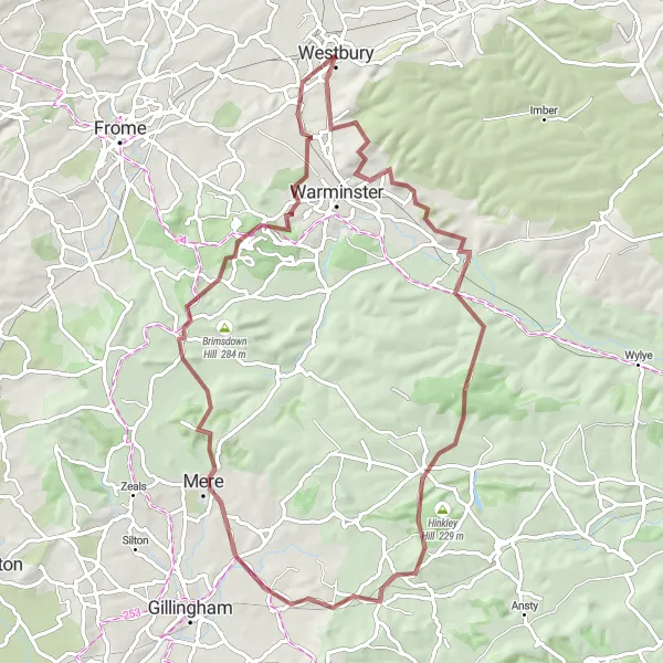 Map miniature of "Westbury to Wiltshire Gravel Adventure" cycling inspiration in Gloucestershire, Wiltshire and Bristol/Bath area, United Kingdom. Generated by Tarmacs.app cycling route planner