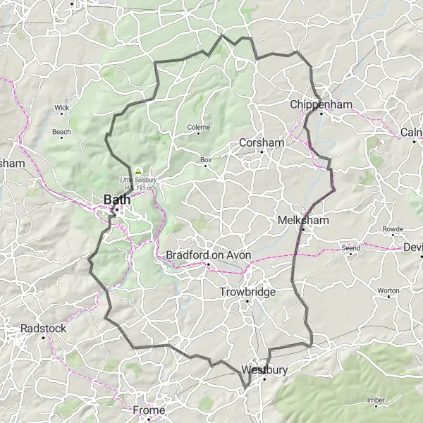 Map miniature of "Westbury Loop" cycling inspiration in Gloucestershire, Wiltshire and Bristol/Bath area, United Kingdom. Generated by Tarmacs.app cycling route planner