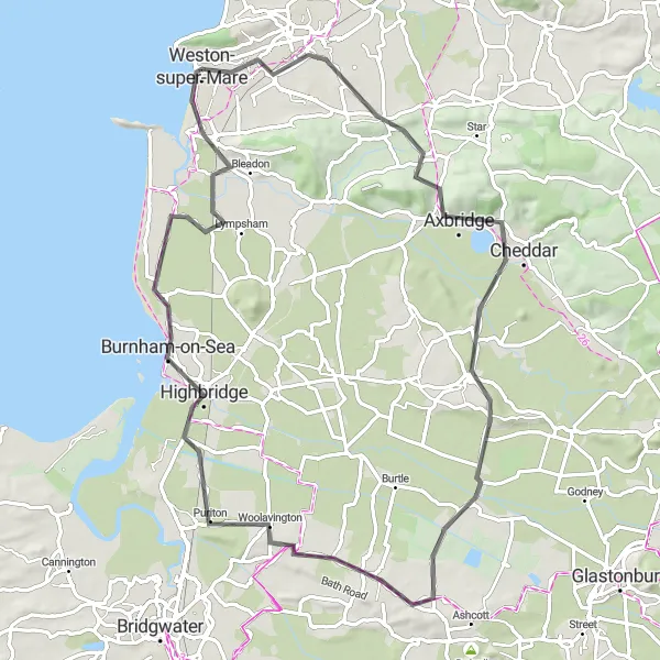 Map miniature of "The Somerset Loop" cycling inspiration in Gloucestershire, Wiltshire and Bristol/Bath area, United Kingdom. Generated by Tarmacs.app cycling route planner