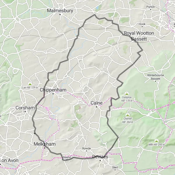 Map miniature of "Whitley Scenic Ride" cycling inspiration in Gloucestershire, Wiltshire and Bristol/Bath area, United Kingdom. Generated by Tarmacs.app cycling route planner