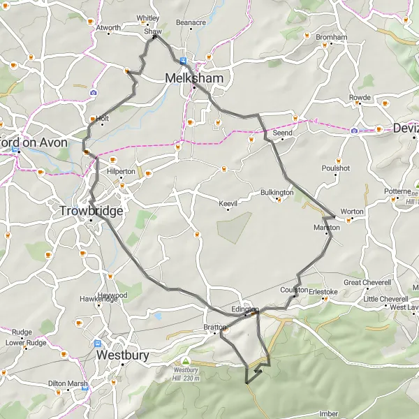 Map miniature of "Melksham Melodies" cycling inspiration in Gloucestershire, Wiltshire and Bristol/Bath area, United Kingdom. Generated by Tarmacs.app cycling route planner